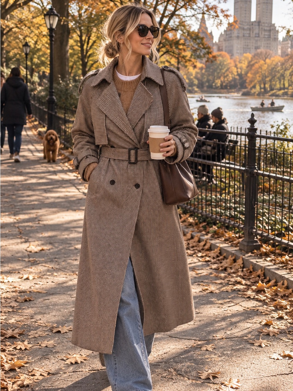 Wool Blend Houndstooth Belted Long Trench Coat brown tan preppy jacket